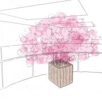 ルミネ横浜の1階吹き抜けに、岩手・宮城・福島の桜の小枝を束ねて高さ約2.5mの1本の桜に仕立てたオブジェを展示