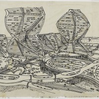 黒川紀章《ヘリックス・シティ》透視図　1961　ポンピドゥー・センター パリ国立近代美術館蔵