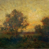 テオドール・ルソー《バルビゾン、夕暮れの牧草地》1840年頃　油彩、パネル　11.5×20cm　個人蔵　Collection privee「画像写真の無断転載を禁じます」