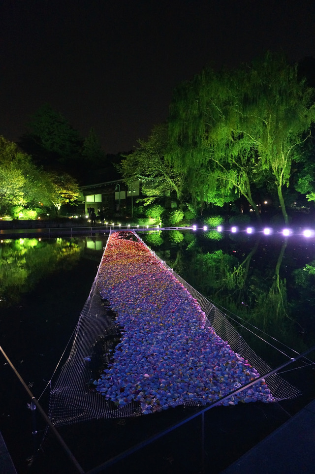 フルラの新作披露パーティーが開催された東京国立博物館法隆寺宝物館前の池には、1,500本分の花びらでできた道が登場。ニコライ・バーグマン氏が手掛けた。