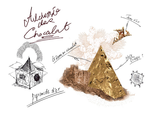 お菓子作家のokashico.とコラボレーションしたKLOKA初のギフトフード「ピラミッドショコラ」のスケッチ