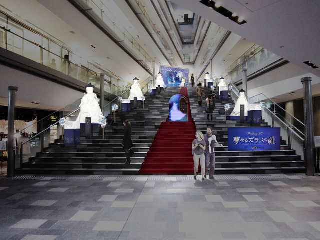 ウェディングドレスアクセサリーなどが表参道の吹き抜けの大階段に展示される