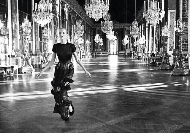 Dress from the Fall 2012 Pret a Porter collection in the Hall of Mirrors at the Chateau de Versailles.