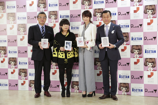 「内藤ルネ」展オープニングセレモニーの様子。（写真左から）三越伊勢丹ホールディングス社長 大西洋氏、コシノジュンコ氏、桐谷美玲氏、伊勢丹新宿本店長 鷹野正明氏