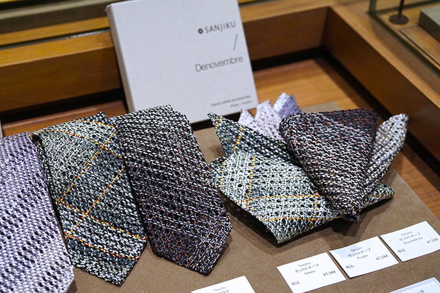 京都・近江屋の三軸（SANJIKU）からはネクタイやポケットチーフが紹介されている