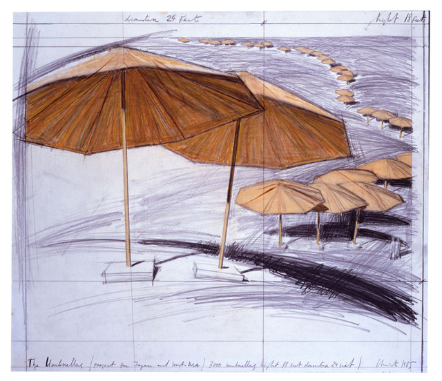 「アンブレラ　6－8マイル、3000本の傘のプロジェクト」1985年 ドローイング