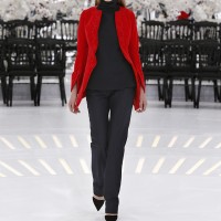 LOOK 42,EMBROIDERED RED COTTON VELVET COAT WITH BLACK WOOL TOP AND DARK NAVY WOOL PANTS.