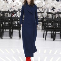 LOOK 27,LONG NAVY BLUE WOOL COAT WITH RED WOOL PANTS.