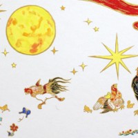 古家野雄紀 「仙人掌と群鶏図」 日本画 23×59cm