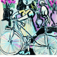 猪熊弦一郎 《自転車と娘》 1954年 水彩、クレパス・紙 丸亀市猪熊弦一郎現代美術館蔵 ©The MIMOCA Foundation