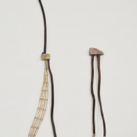 left: "Miroiise" 2017 / wood, marble, rattan, bamboo, metal wire / h.260.0 × w.36.0 × d.6.5 cm｜right: "Moonstone" 2017 / wood, bamboo, steel wire / h.155.0 × w.38.0 × d.16.0 cm