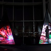 TOKYO, JAPAN - FEBRUARY 08: Reflective echo by WOW is displayed at the Media Ambition Tokyo at Roppongi Hills on February 8, 2018 in Tokyo, Japan. Artwork details. This work repeatedly reflects a kaleidoscopic animation by projecting an image onto the bas