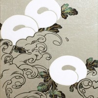 「菊花流水図」/ 375×250 / 顔料、墨、銀、箔、膠、和、紙、パネル / 2018年