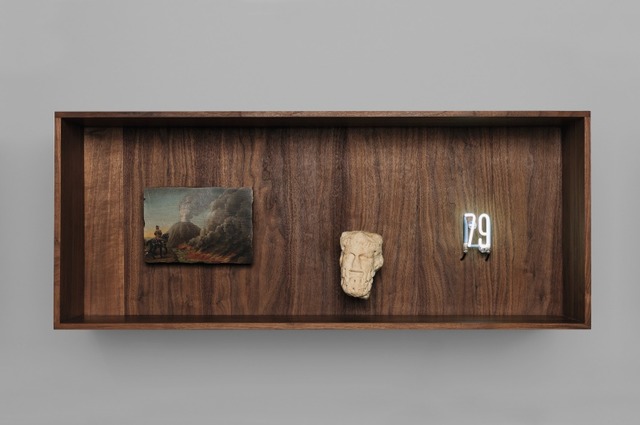 79, Pompeii Eruption|Cabinet in walnut wood, oil on wood, white marble, neon|45 x 110 x 30 cm Photo : Pierre Antoine Courtesy : Galerie Perrotin, Paris.(c)Laurent Grasso / ADAGP, Paris, 2015
