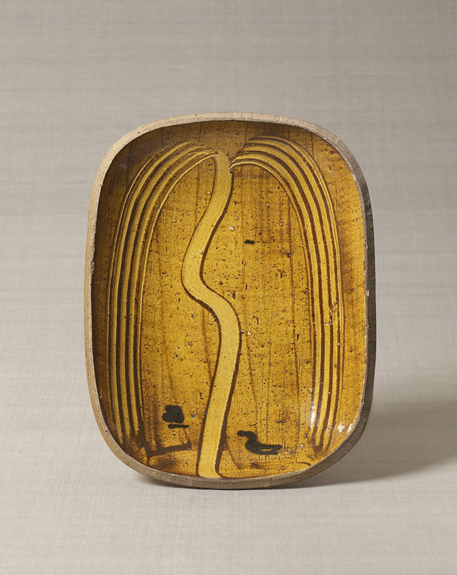 ガレナ釉櫛描柳文楕円皿　バーナード・リーチ　1952年　縦33.4cm