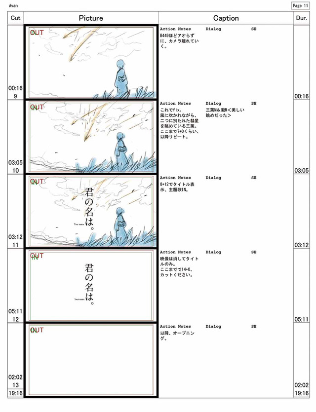 監督・新海誠による本作の絵コンテ