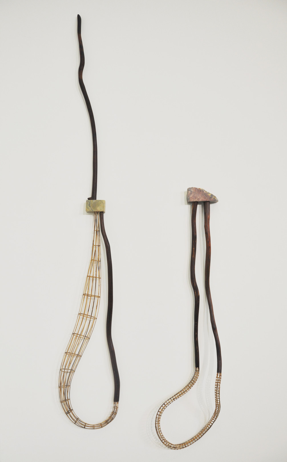 left: "Miroiise" 2017 / wood, marble, rattan, bamboo, metal wire / h.260.0 × w.36.0 × d.6.5 cm｜right: "Moonstone" 2017 / wood, bamboo, steel wire / h.155.0 × w.38.0 × d.16.0 cm