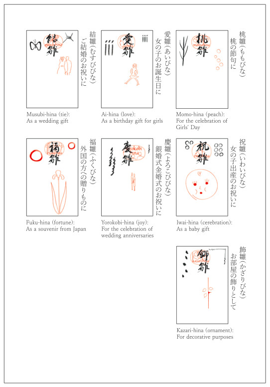 桃の節句には「桃雛」、女の子出産のお祝いには「祝雛」など、用途にあわせて、背景の台紙を7 種類の中から選べる