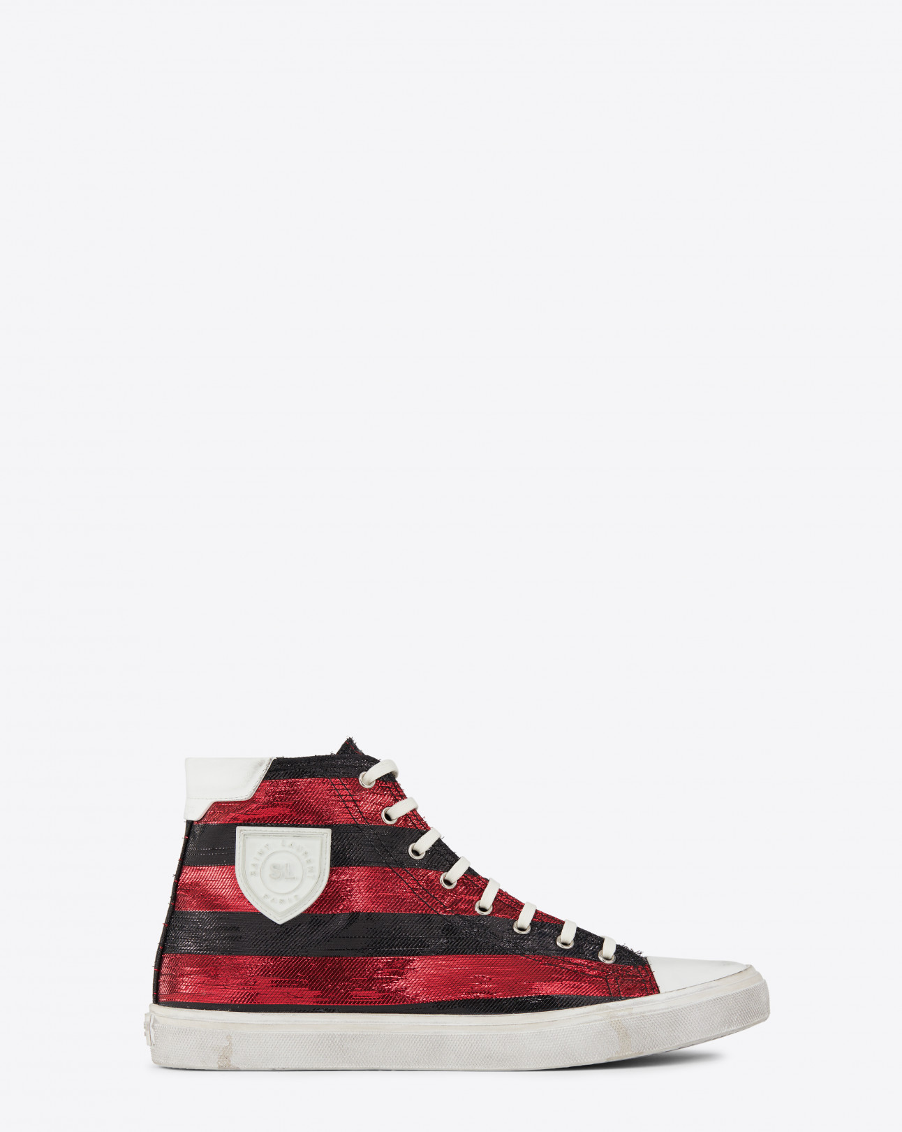 BEDFORD PATCH MID TOP SNEAKER IN RED & BLACK METALLIZED STRIPED LUREX AND WHITE LEATHER （STONE WASHED） 11万円