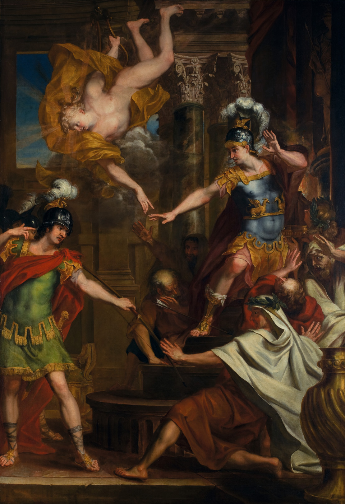 『パリスとアポロがアキレスの踵に矢を向け命を狙う』 エラルート・デ・ライレッセ (1640-1711)、ベルギー、油絵・キャンバス、 H 3000mm x W 2140mm