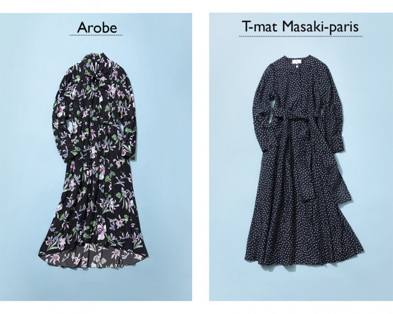 左）ワンピース 5万4,000円 / Arobe、右）ワンピース 8万5,000円 / T-mat Masaki-paris