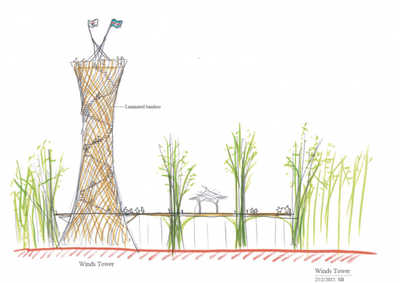 Shigeru Ban Architects, Bamboo Passage and Tower, 2015, pencil on paper