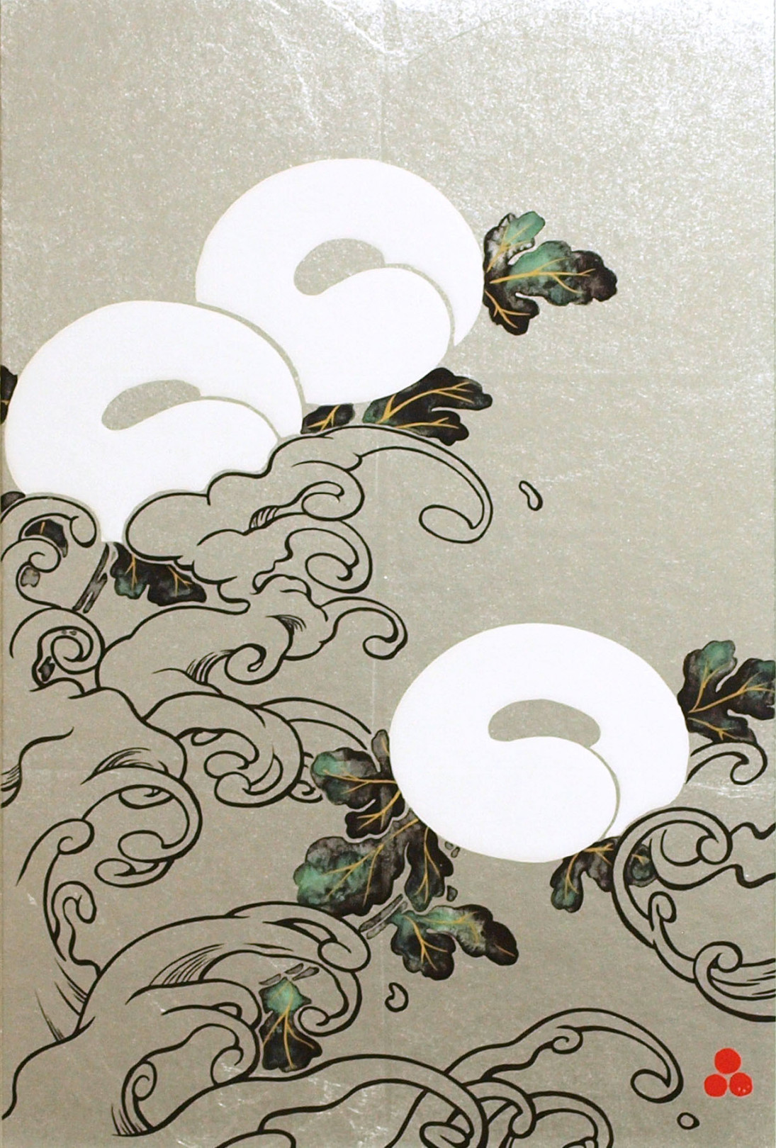 「菊花流水図」/ 375×250 / 顔料、墨、銀、箔、膠、和、紙、パネル / 2018年