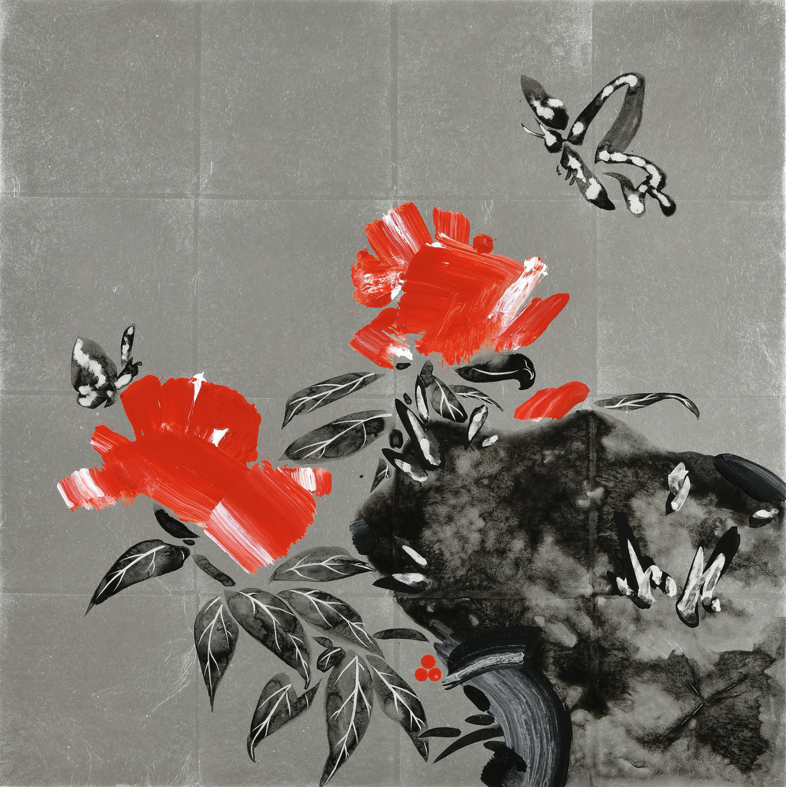 「蝶に牡丹」/ 500×500 / 顔料、墨、銀、箔、膠、和、紙、パネル / 2019年