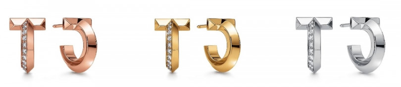 ティファニー T ワン フープ ピアス 左からローズゴールド・ダイヤモンド、イエローゴールド・ダイヤモンド、ホワイトゴールド・ダイヤモンド 各47万3,000円（税込）
