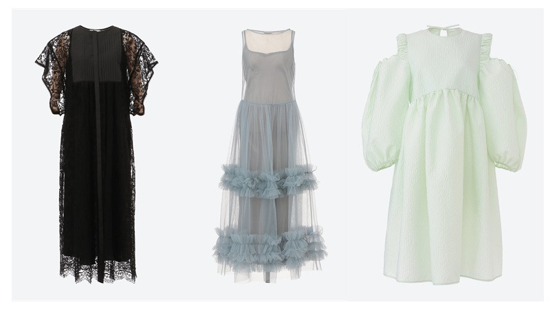 (左)〈leur logette〉ドレス 7万5,900円、（中）〈Molly Goddard〉ドレス 11万6,600円、(右)〈CECILIE BAHNSEN〉ドレス 19万6,900円