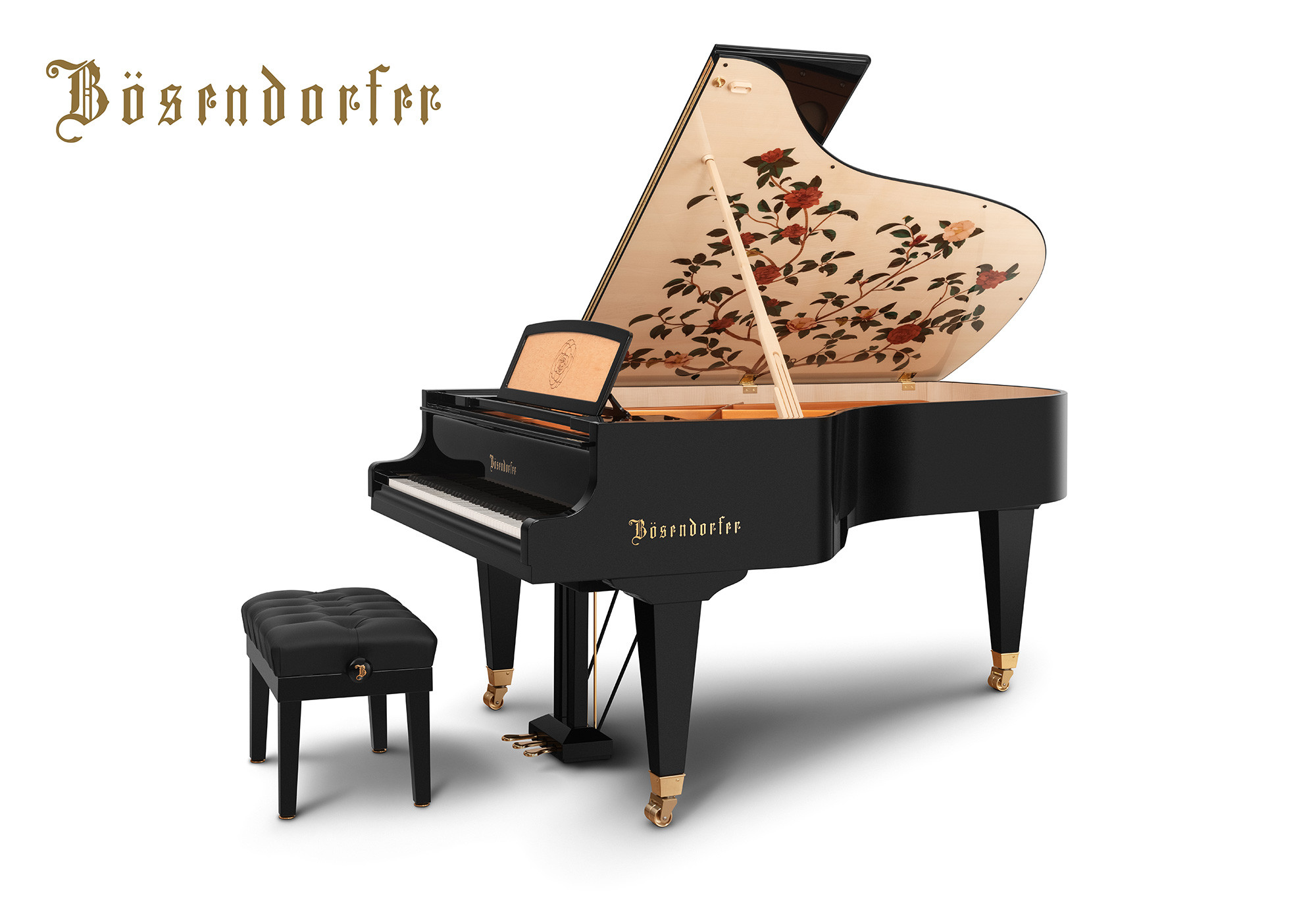 シェーンブルン宮殿の庭園に咲く椿を伝統的な象嵌細工で描き出した華やかなグランドピアノ、ベーゼンドルファー 「カメリア」 ART